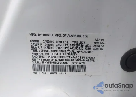 2019 Honda Passport Ex-L из США, поврежденный, VIN 5FNYF8H53KB012096